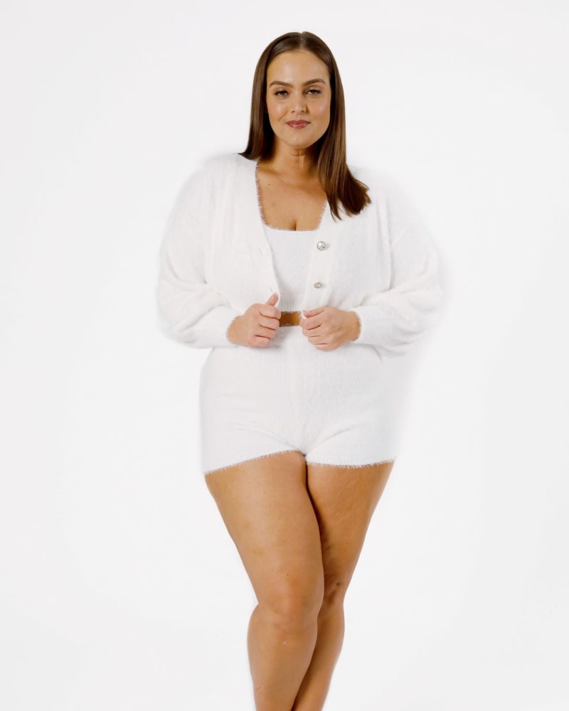 Front of a model wearing a size XL The Sex Kitten Acrylic Short Set in Crème with Rhinestone Buttons in Creme by Sante Grace. | dia_product_style_image_id:237567